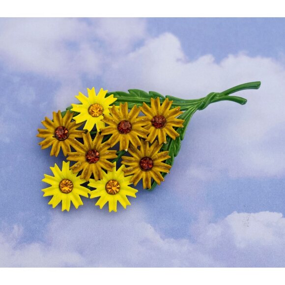 Vintage Art Nouveau Sunflower Floral Rhinestone Brooch by JJ - S4 - Picture 1 of 2